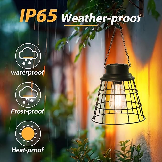2 Pack Solar Lanterns Outdoor Waterproof , Metal Cage Design with Replaceable LED Bulb, Waterproof