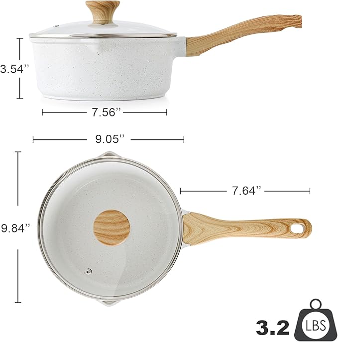 SENSARTE White Ceramic Nonstick Saucepan with Double Spout 3.0 Quarts, Cooking Pot with Stay Cool