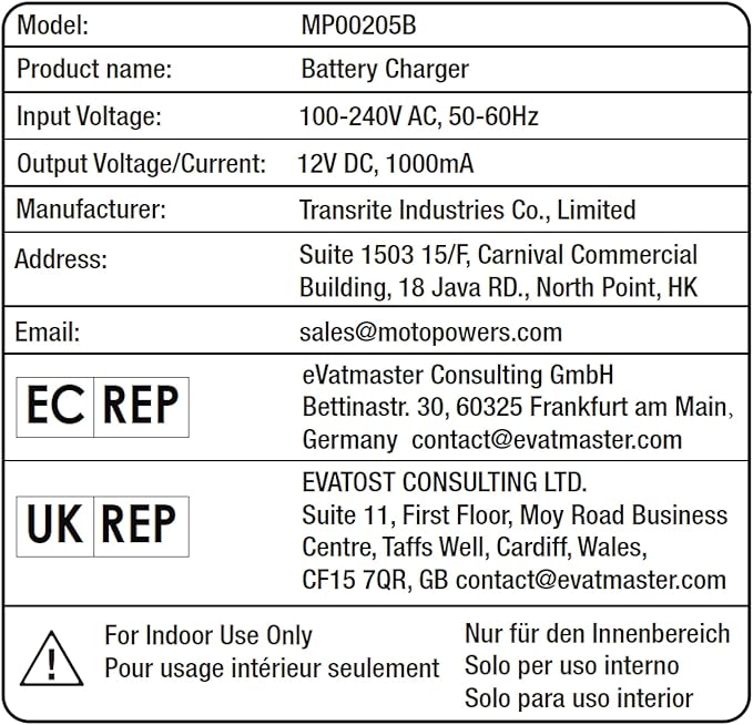 MOTOPOWER MP00205B 12V 1000mA Automatic Battery Charger, Battery Maintainer, Trickle Charger, and