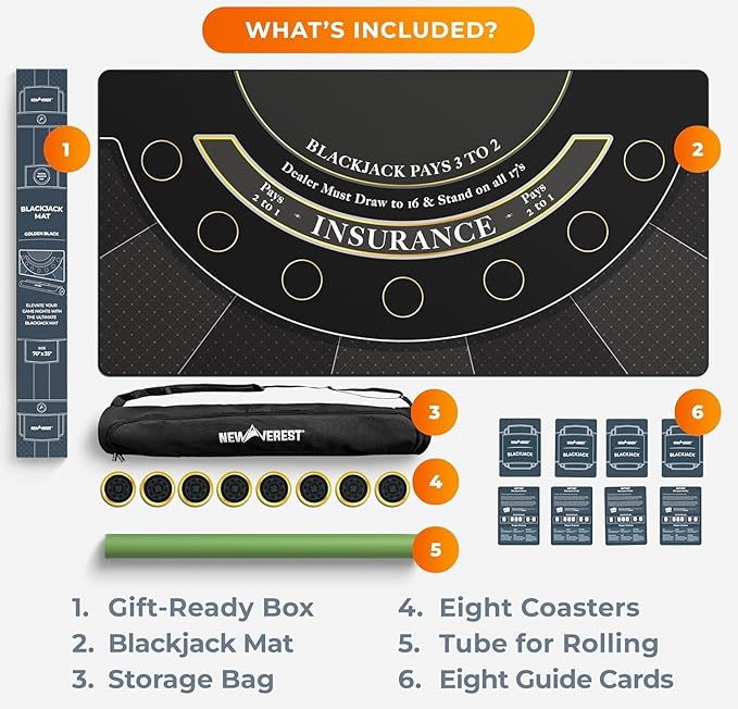 Newverest Blackjack Mat 70" x 35", Blackjack Table Top for Home Game Nights with Friends | Black