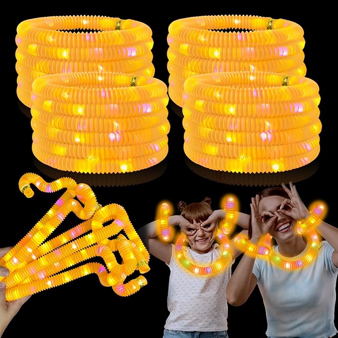 24 PCS Orange Glow Sticks Pop Tubes for Toddlers,Light Up Necklaces Bracelets Accessories for