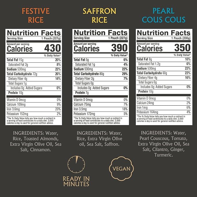 Mina Saffron Rice, Festive Rice, Pearl Couscous, Variety Pack of 6, Ready to Eat, Microwavable