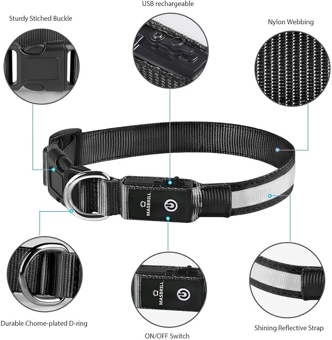 MASBRILL Light Up Dog Collars - LED Dog Collar Rechargeable Lighted Dog Collar Resistant-Water