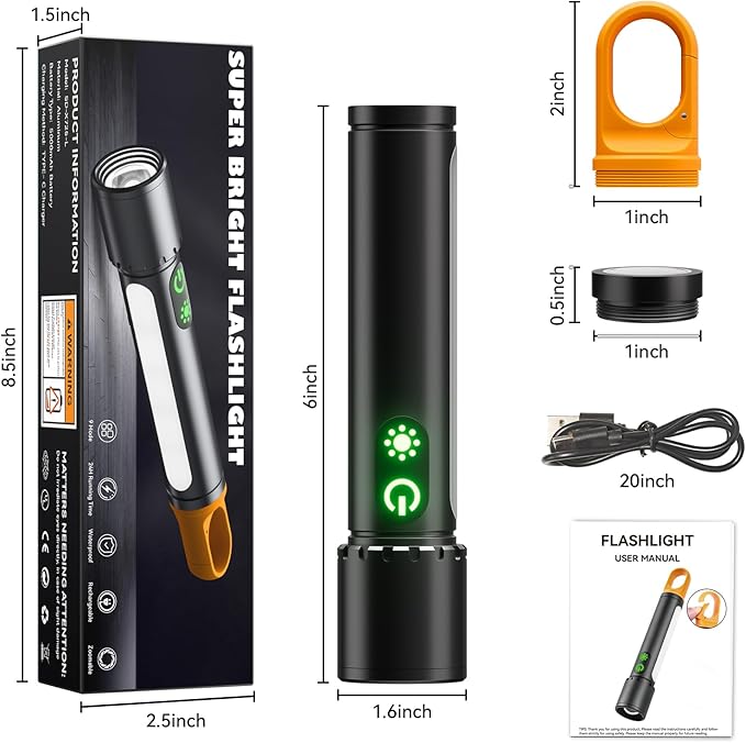 Magnetic Flashlight Rechargeable,2000LM 5000mAh Flashlights High Lumens with 9 Modes,Waterproof