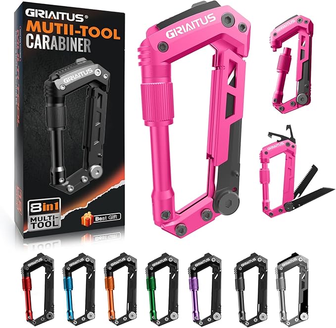 Multitool Carabiner with Pocket Knives, EDC Carabiners, Folding Serrated Knife, Can Bottle Opener