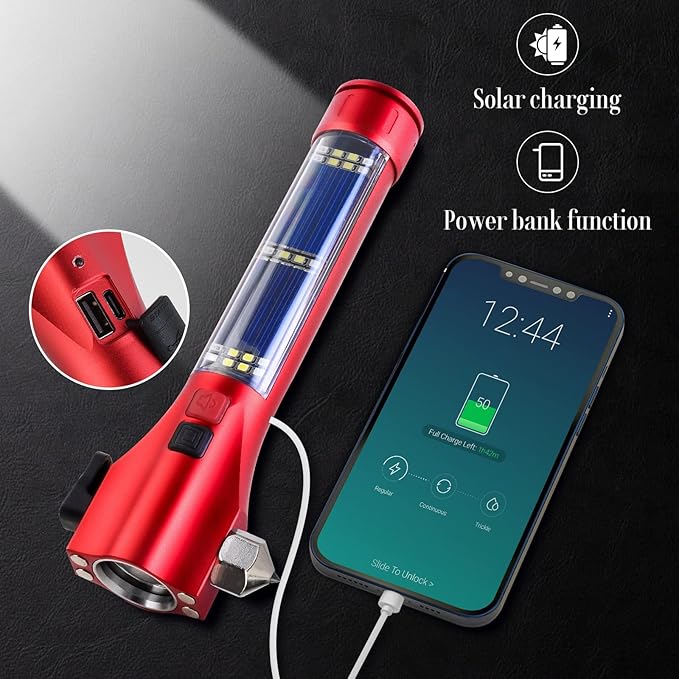 Car Flashlights for Emergencies, Window Breaker Seatbelt Cutter Multifunction Solar Flashlights