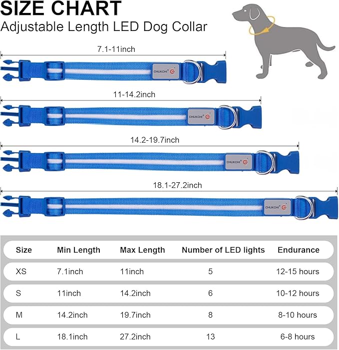 CHUKCHI LED Dog Collar Rechargeable,Waterproof Flashing Collar,Light Up Glow Collar, Adjustable