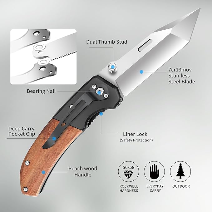Harita Pocket Knife for Men, Folding Utility with Pocket Clip, Wood Handle EDC for Women with 3.4″