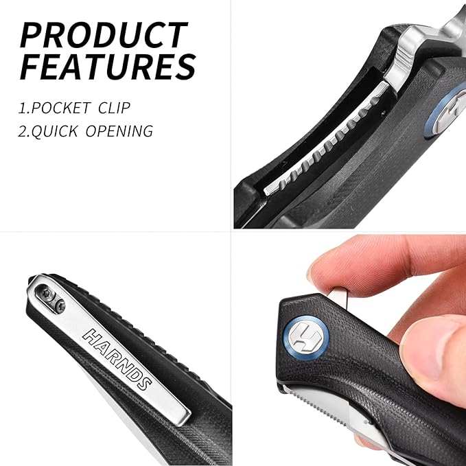 Qingluan Folding Knife with Pocket Clip, D2 Steel Blade 3.54'' and G10 Handle Outdoor Adventure