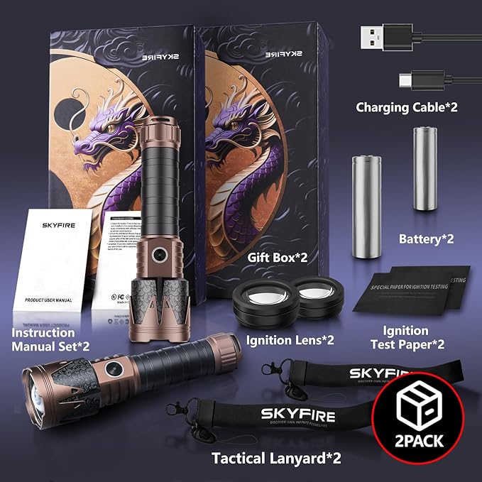 SKYFIRE Rechargeable Flashlights High Lumens 2 Pack with Ignition Lens,3000lm Mini Bright Tactical