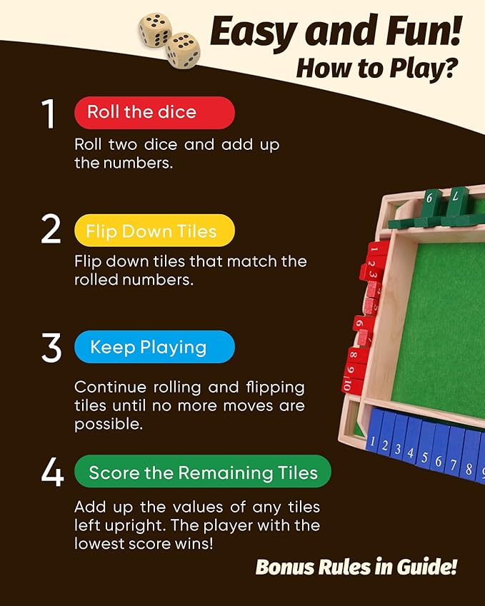 Deluxe 2-8 Player Original Shut The Box Game, Math Dice Board Game for Family Night Classroom