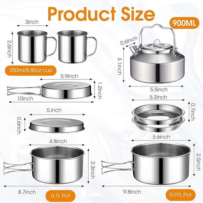 15 Pcs Camping Cookware Mess Kit Outdoor Cooking Set Stainless Steel with Pot and Pan Kit 2 Set