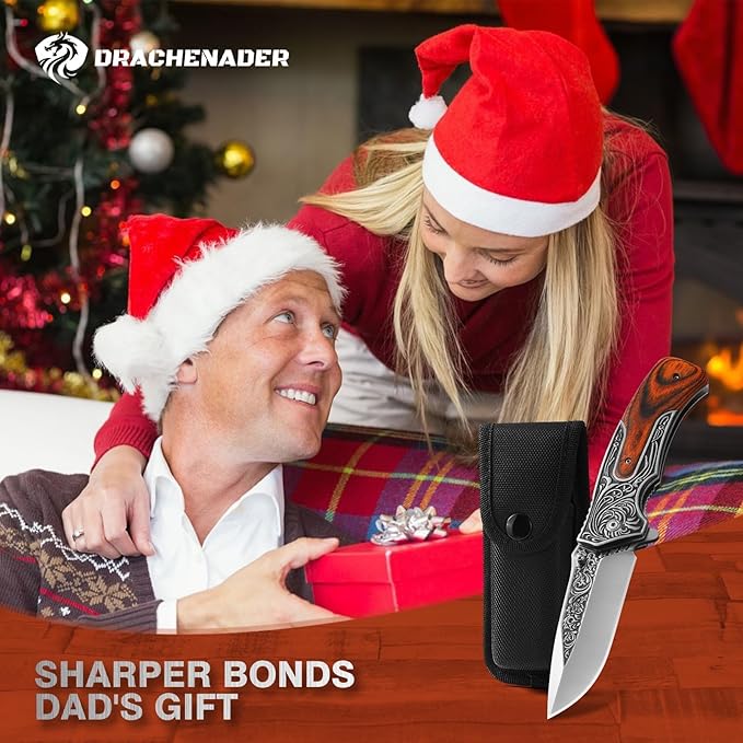 Pocket Knife for Men, 8.7" Folding Knife, 440 Stainless Steel Blade, 0.19lb, Wood Handle with 3D