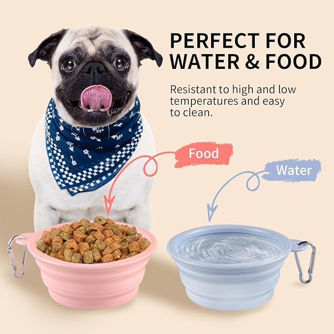 Collapsible Dog Bowls 2-Pack, Portable Travel Dog Bowl with Carabiner, Food-Grade Silicone Pet Bowl
