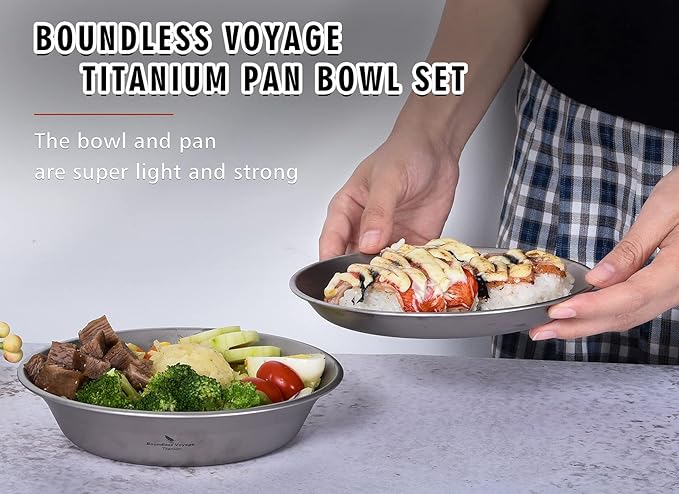 iBasingo Titanium Camping Plates and Bowls Set with Mesh Bag - 174mm Ultralight Backpacking