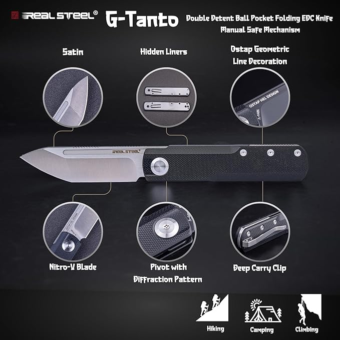 REALSTEEL G-Tanto Pocket Knife,Folding Knives,2.6" Nitro-V Blade,Double Detent Ball Slipjoint