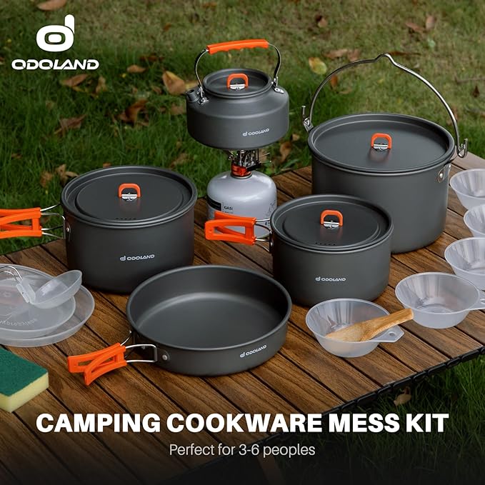 Odoland 18pcs Camping Cookware Large Size Hanging Pot Pan Kettle Set with Plastic Plates Bowls Soup