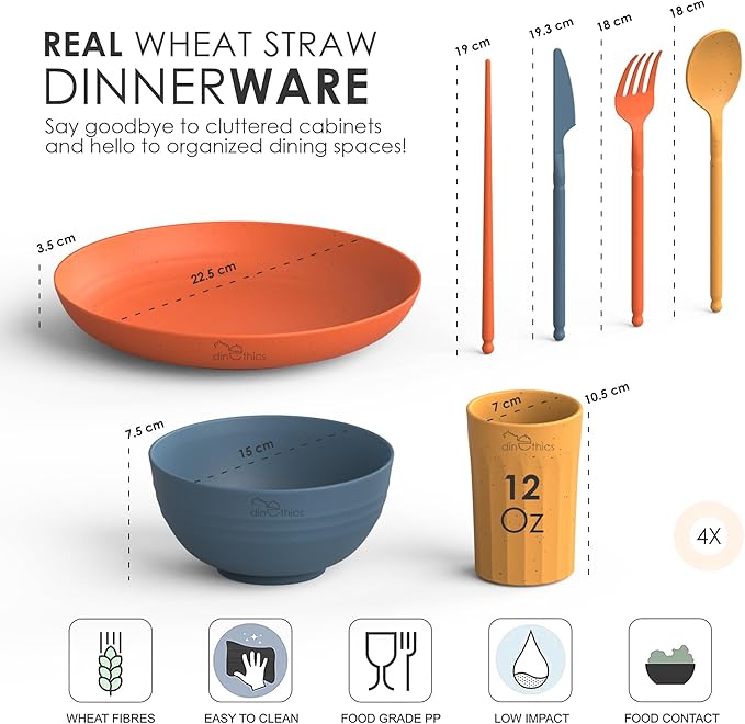 Wheat Straw Dinnerware Sets For 4 - Camping Plates Cups And Bowls Set - Dishwasher Microwave Safe