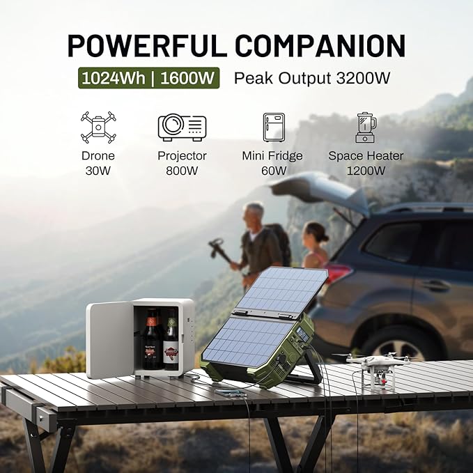 BROWEY 1600W (3200W Peak) Portable Power Station, 1024Wh LiFePO4 Battery with Built-in Solar Panel