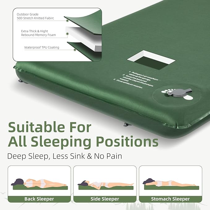 Memory Sleeping Pad, 3.1" Ultra-Thick Foam Sleeping Mats for Camping, Easy Inflate&Deflate,9.5