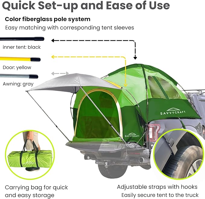 Savvycraft Pickup Truck Tent for Full Size and Mid Size Truck Short Bed and Long Bed, Waterproof