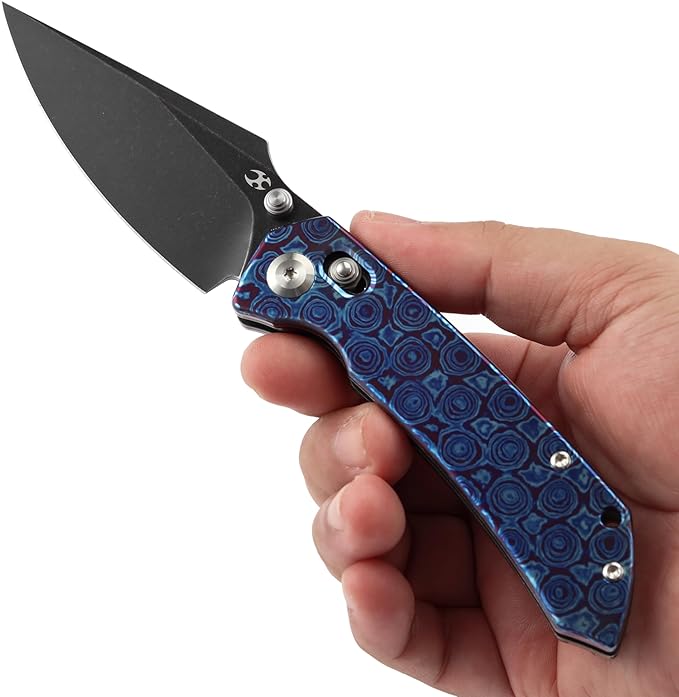 KANSEPT Fenrir Pocket Knife, 3.48'' Black Stonewashed CPM S35VN Harpoon Sharp Blade, Timascus