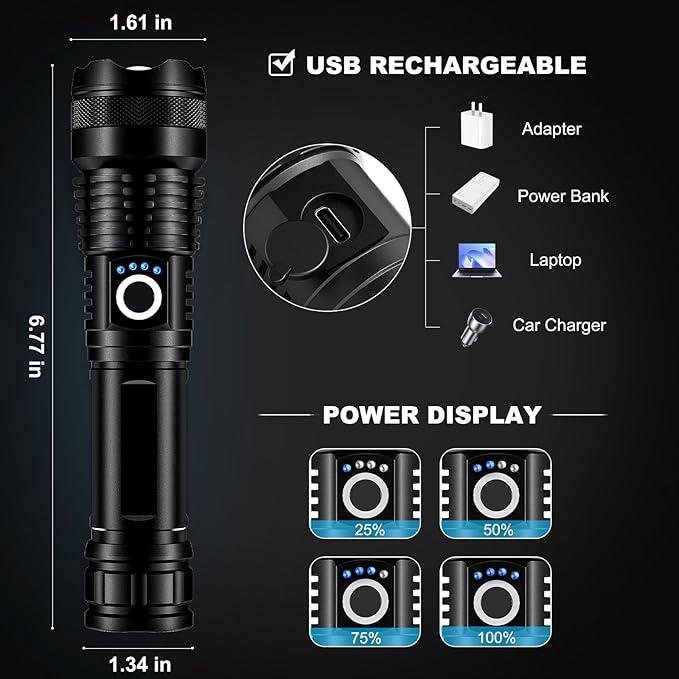 3 Pack Rechargeable LED Flashlights High Lumens, 90,000LM Super Bright Flashlight, Adjustable 5