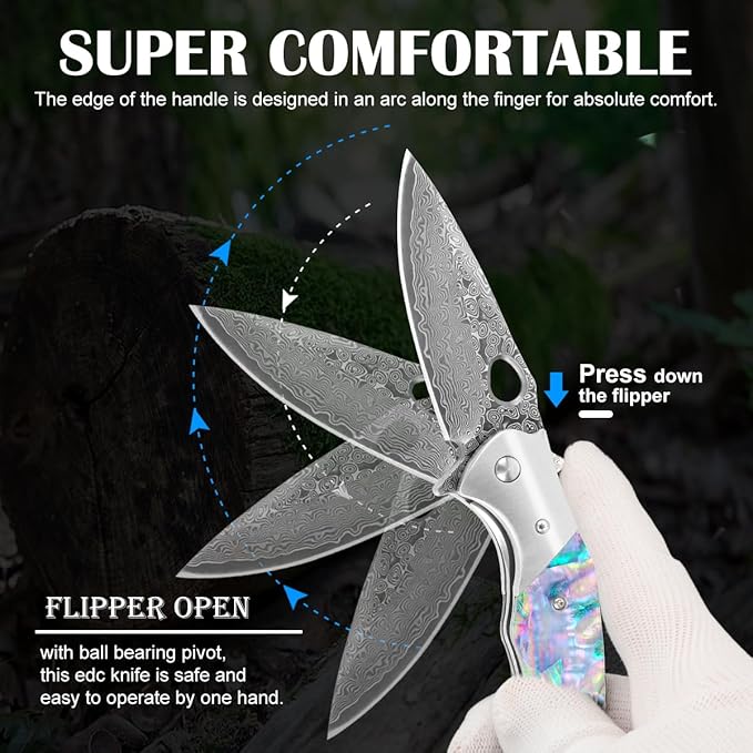 Cottonbell Damascus Pocket Knife Unique Rainbow Abalone Shell Handle Damascus Folding Knife, with
