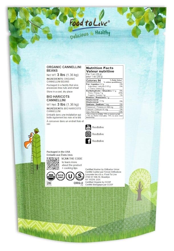 Food to Live Organic Cannellini Beans, 3 Pounds ??Non-GMO, Dried White Kidney Beans, Sproutable