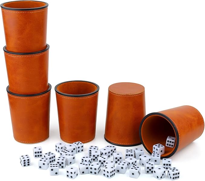 Felt-Lined PU Leather Dice Cup Set, 6 Quiet Dice Shaker Cups with 36 Dices for Bar Party Yahtzee