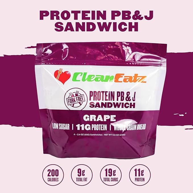 Clean Eatz PB&J Sandwich, High-Protein Grape – 16 Singles, Whole Grain & Low Sugar