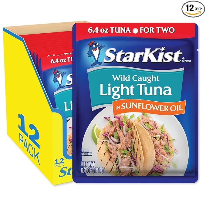 StarKist Chunk Light Tuna in Sunflower Oil, 6.4 oz Pouch (12 Pack) Ready to Eat Wild Caught Tuna