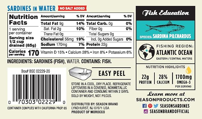 Season Sardines in Water - No Salt Added, Wild Caught, 22g of Protein, Keto Snacks, More Omega 3's