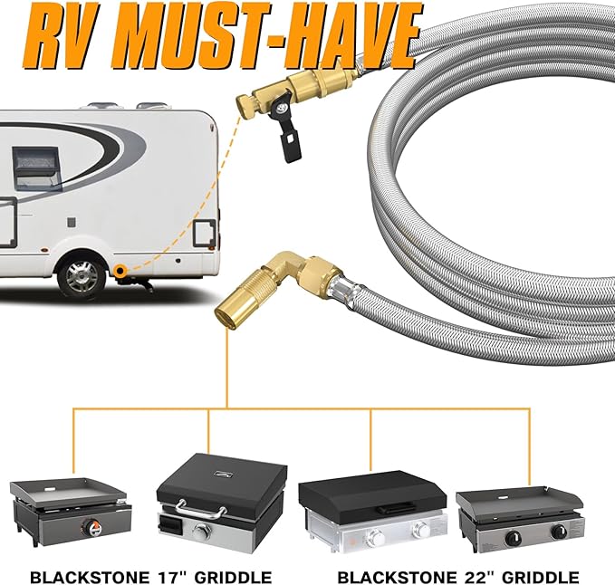 12FT RV Quick Connect Propane Hose with 1/4" Safety Shutoff Valve, Stainless Steel & Brass, Silver