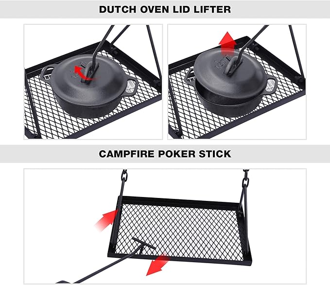 REDCAMP Swing Campfire Grill Stand - Collapsible Campfire Cooking Rack with 6 Hooks & Iron Grill