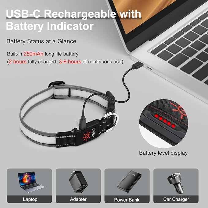 Light Up Dog Collar, Multicolor LED Dog Collar with 7 Modes, USB-C Rechargeable Reflective Glow