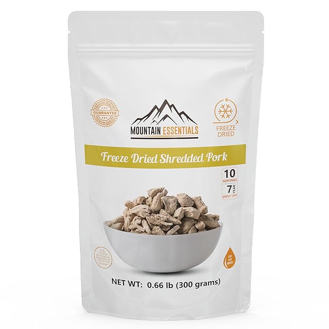 MOUNTAIN ESSENTIALS Freeze-Dried Shredded Pork ??Fully Cooked, Ready-to-Eat Meat | 10 Servings per