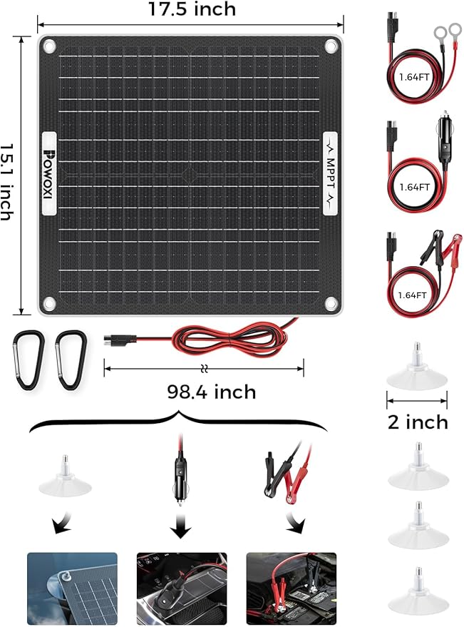POWOXI 30W Solar Battery Charger: 12V Solar Car Battery Trickle Maintainer - with MPPT Controller