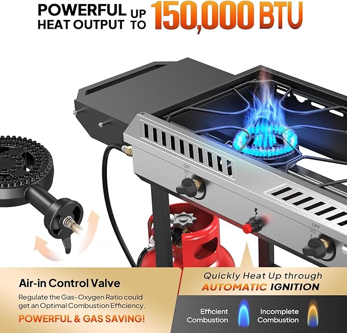 Bonnlo 2 Burner Propane Gas Burner with Auto Ignition, 150000 BTU Camping Stove with Storage Shelf