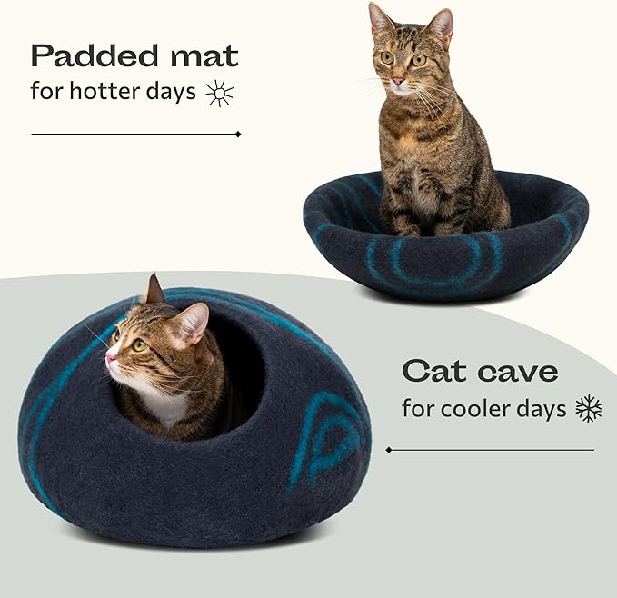 MEOWFIA Cat Cave ??Premium Felt Cat Bed for Indoor Cats, Handmade 100% Merino Wool (Large, Black