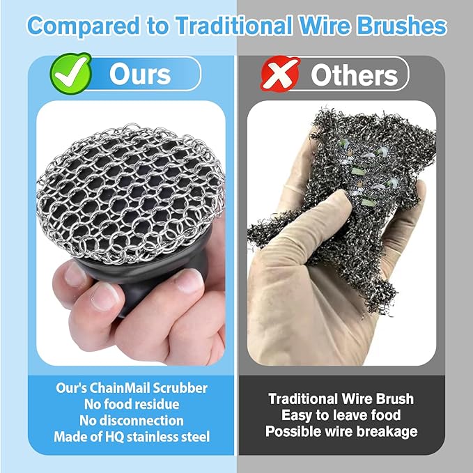 Onewly Cast Iron Scrubber and Scraper, Chain Mail Scrubber Cast Iron for Cleaning Dishes, Stock