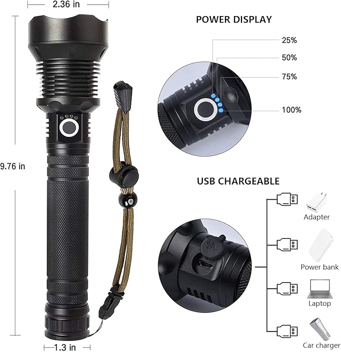 Rechargeable LED Flashlights High Lumens, 90,000 Lumens Super Bright Flashlight with 5 Modes &