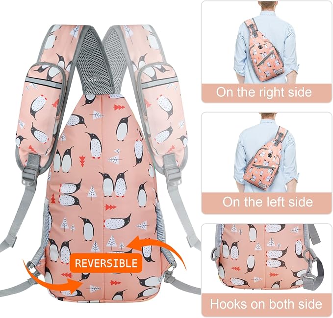 ZOMAKE Sling Bag, Penguin Pink, Nylon, 5 Separate Compartments, 10" iPad Compartment, Anti-Theft