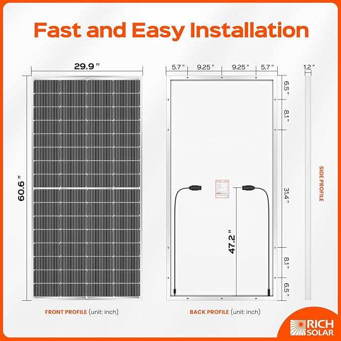 RICH SOLAR 250 Watt 12 Volt 16BB Cell Monocrystalline Solar Panel N-Type Cells High Efficiency