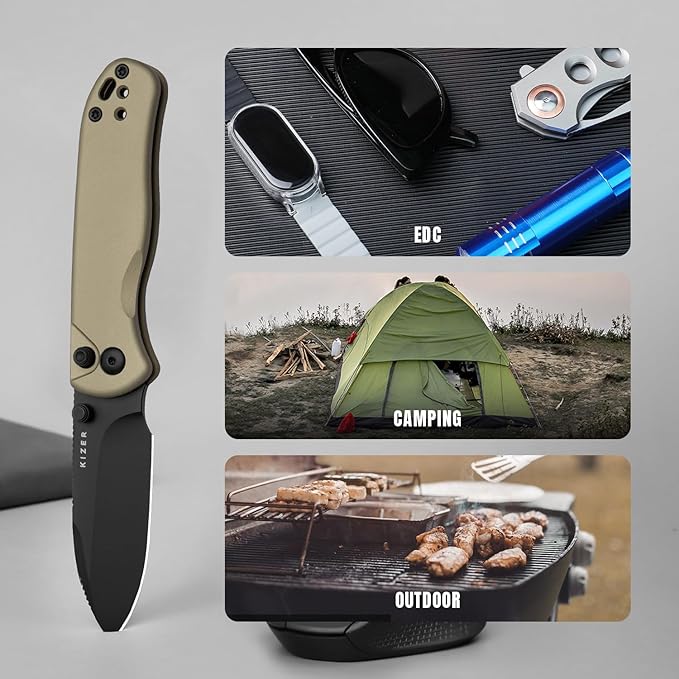 Kizer Drop Bear 2 Pocket Knife, 2.92" Nitro-V Drop Point Blade Folding Knife with Tan Aluminum