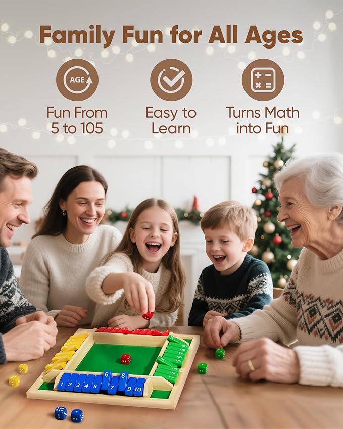 Classic Original Shut The Box Game, Math Dice Board Game for Family Night Classroom Travel, Wooden
