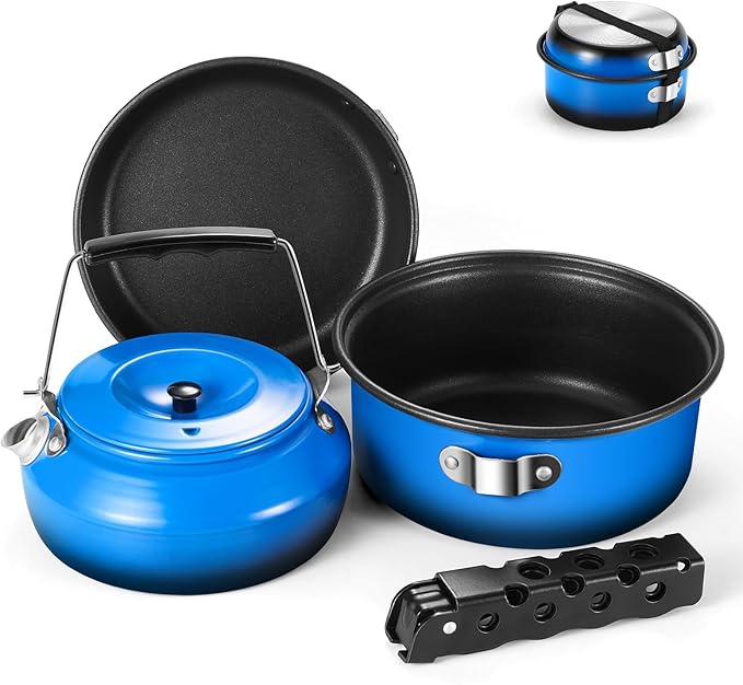 Odoland 5pcs Camping Cookware Non-Stick Camping Pot and Pan Set with Kettle and Removable Handle