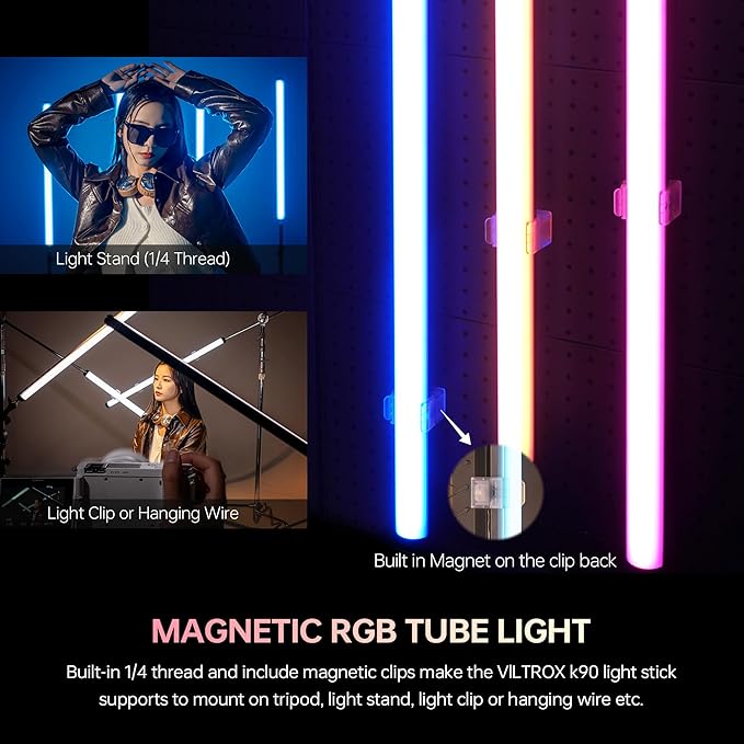 VILTROX K90 2 Pack RGB Tube Light, 30W 38inch Large RGBWY Photography LED Video Stick Light Wand