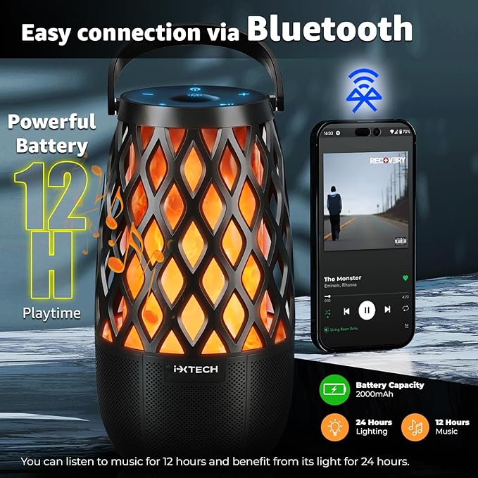 IXTECH Outdoor Bluetooth Speaker Waterproof Wireless Portable Speaker with LED Flame Lights