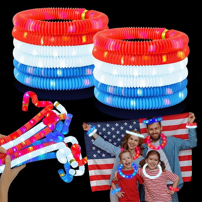Red White Blue Glow Sticks 12 PCS, American Usa Flag Accessories Light up Bracelets Necklaces for